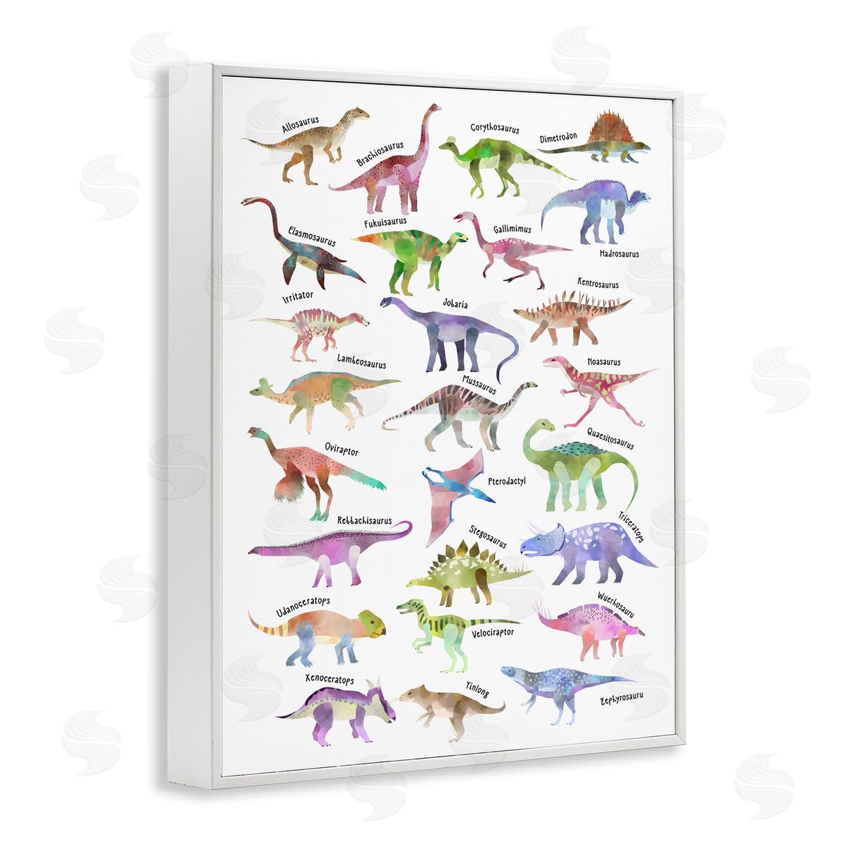 Ziwei Li Watercolor Dinosaur Chart Whimsical Reptiles White Framed Giclee Wall Art