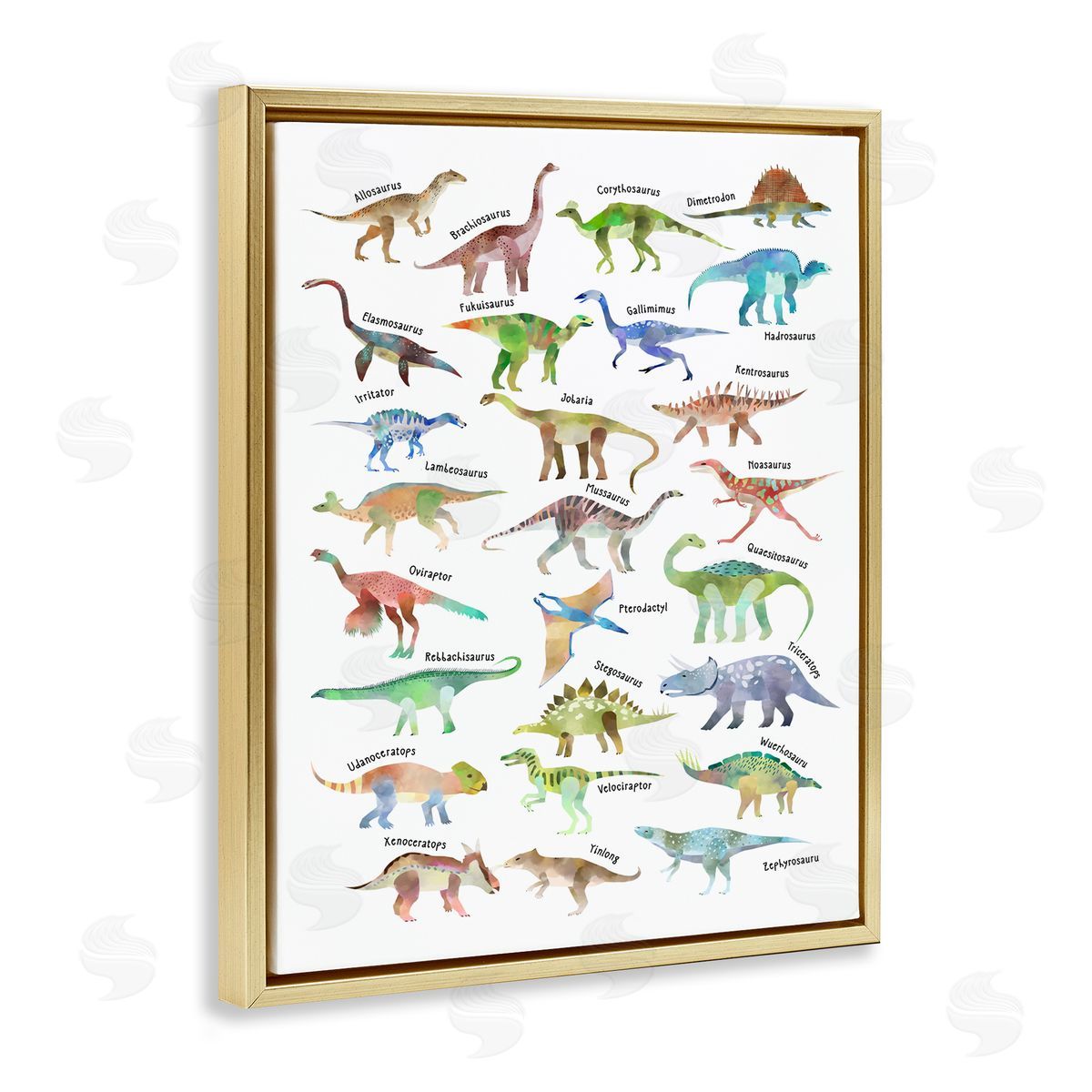 Ziwei Li Soft Watercolor Dinosaur Chart Gold Floater Frame Canvas Art