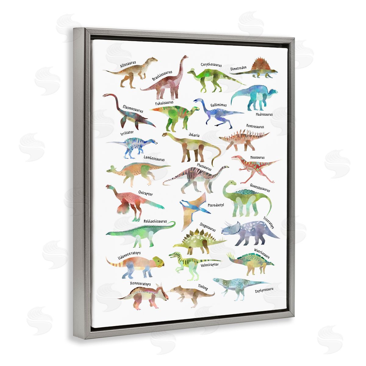 Ziwei Li Soft Watercolor Dinosaur Chart Gray Floater Frame Canvas Art