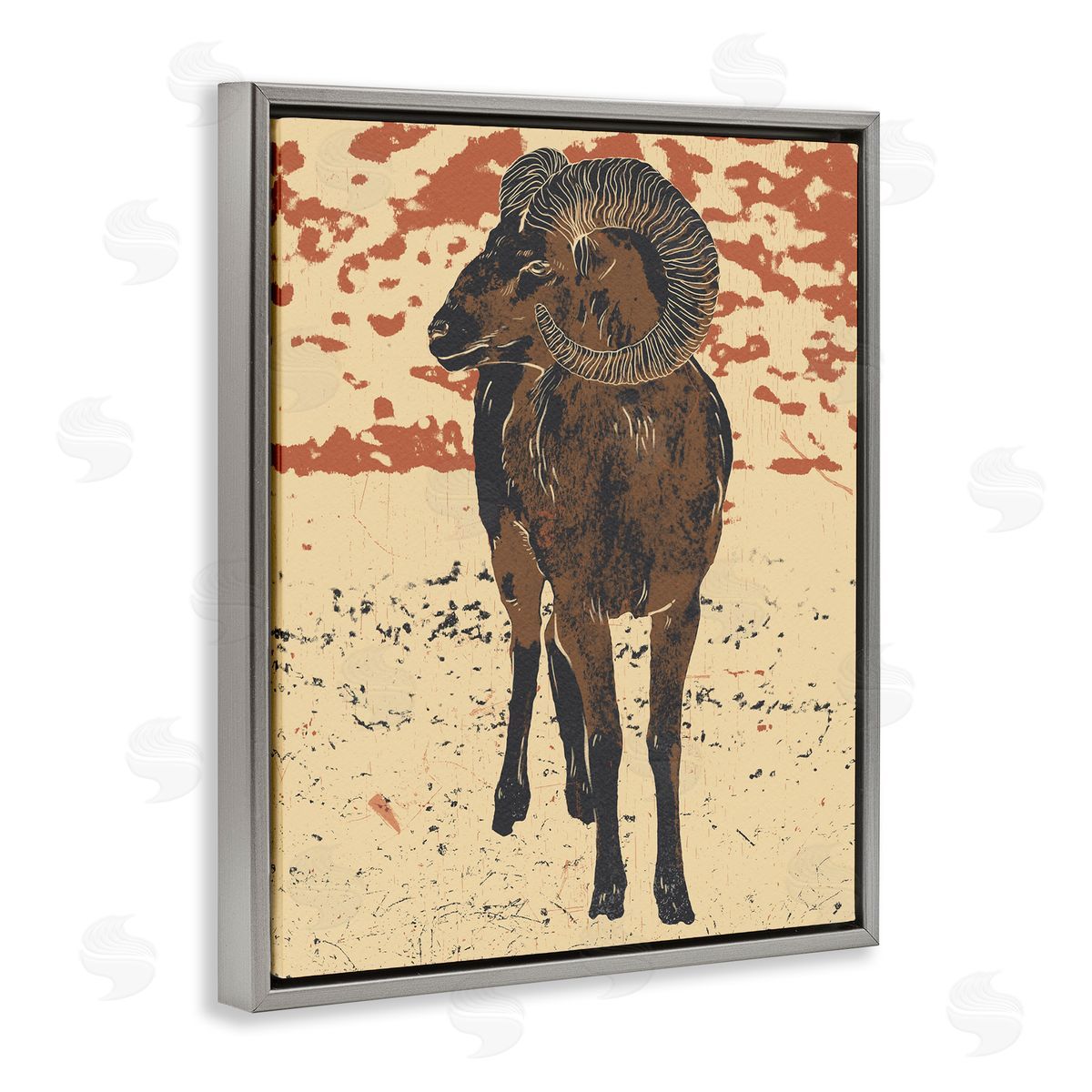 Ziwei Li Abstract Vintage Ram Animal Horns Gray Floater Frame Canvas Art
