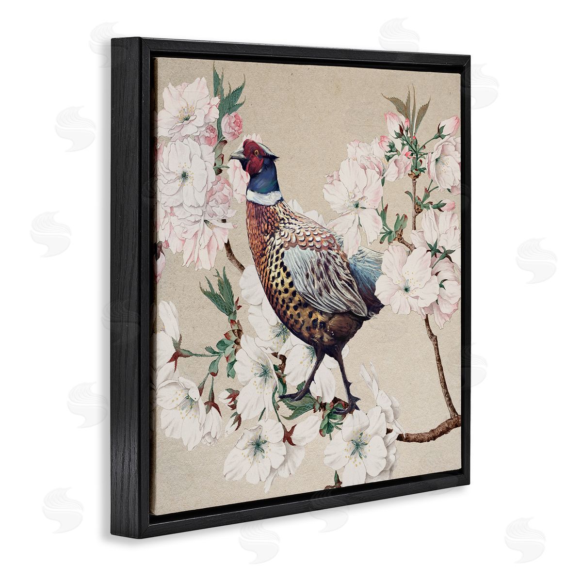 Ziwei Li Vintage Wild Turkey Pink Tree Blossoms Black Floater Frame Canvas Art