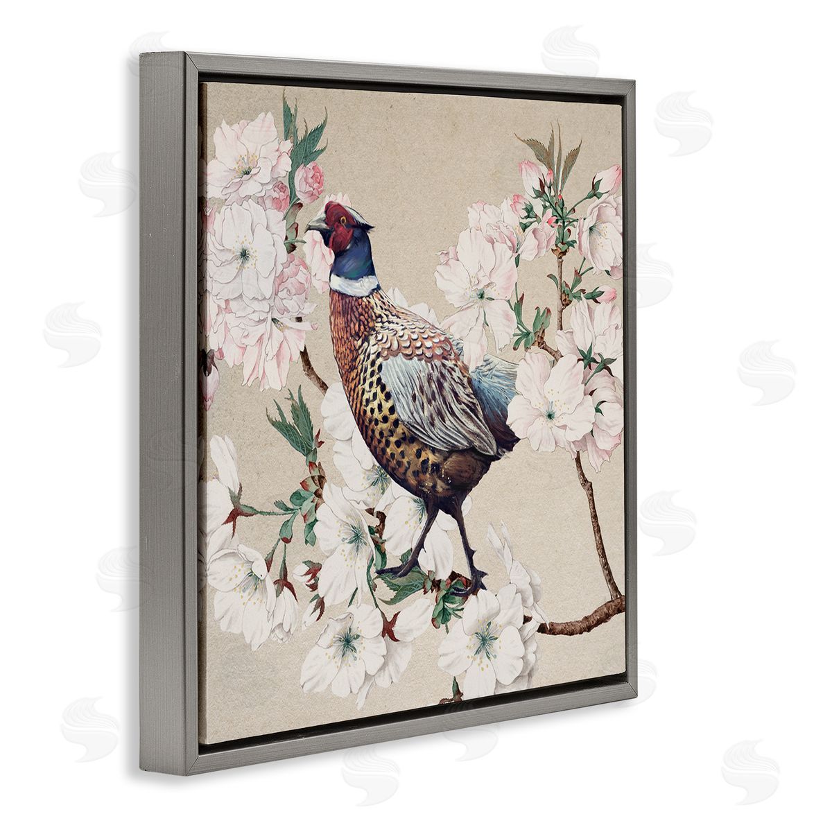 Ziwei Li Vintage Wild Turkey Pink Tree Blossoms Gray Floater Frame Canvas Art