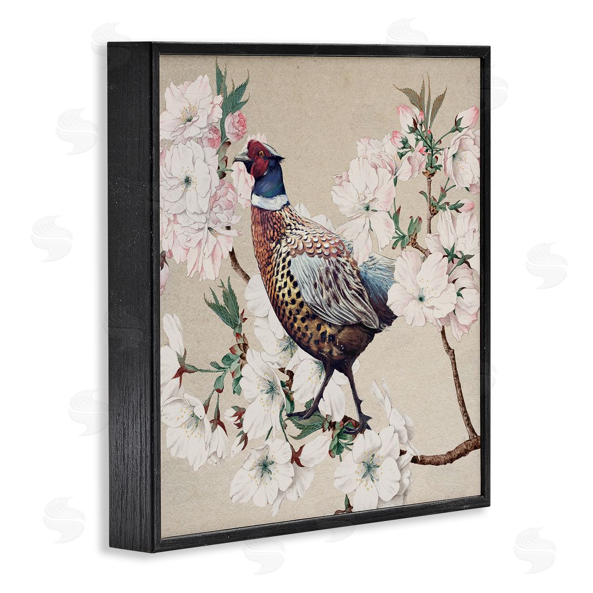 Ziwei Li Vintage Wild Turkey Pink Tree Blossoms Black Framed Giclee Wall Art