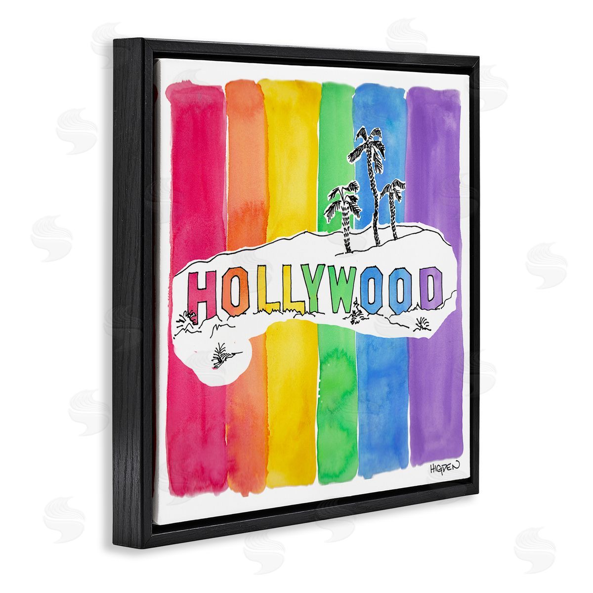 Mark Higden Vibrant Hollywood Hills Watercolor Rainbow Black Floater Frame Canvas Art