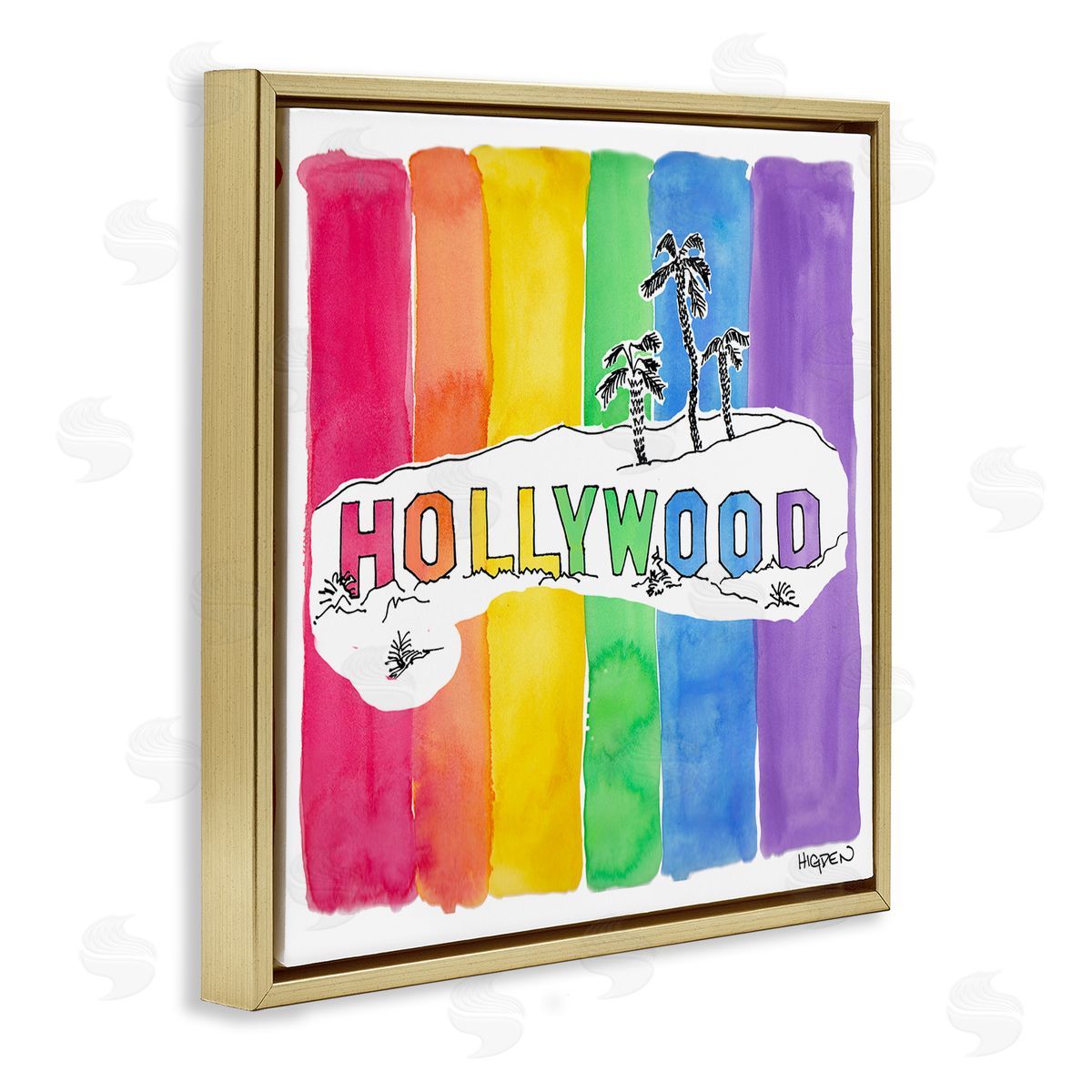 Mark Higden Vibrant Hollywood Hills Watercolor Rainbow Gold Floater Frame Canvas Art