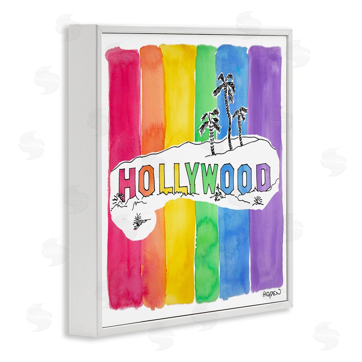 Mark Higden Vibrant Hollywood Hills Watercolor Rainbow White Framed Giclee Wall Art