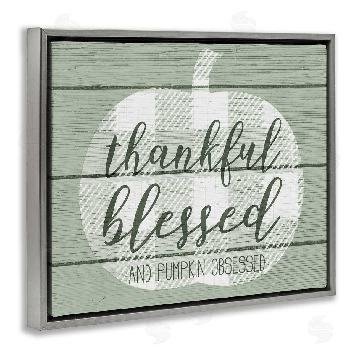 Stupell Studio Green Thankful Blessed Pumpkin Harvest Gray Floater Frame Canvas Art