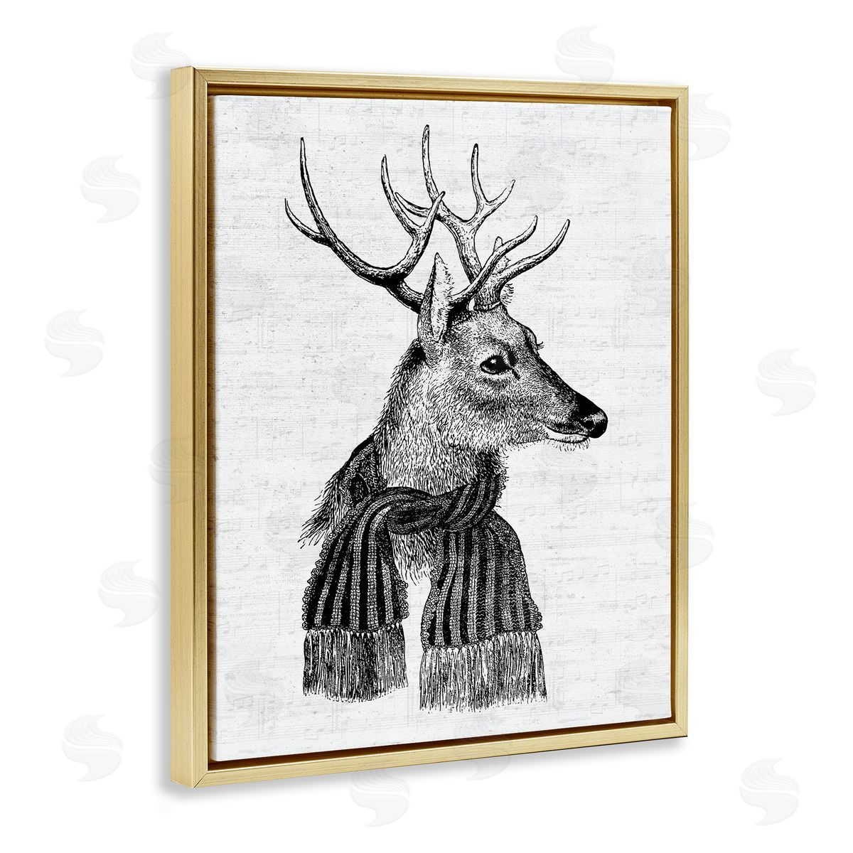 Lettered and Lined Reindeer in Scarf Vintage Portrait Gold Floater Frame Canvas Art