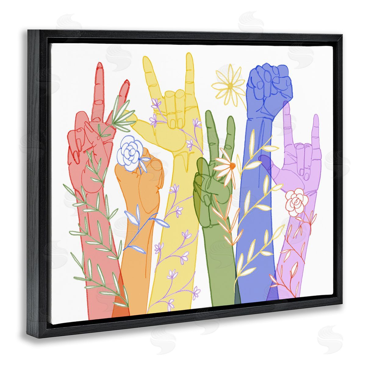 Grace Popp Peace Love Caring Hand Signs ASL Black Floater Frame Canvas Art