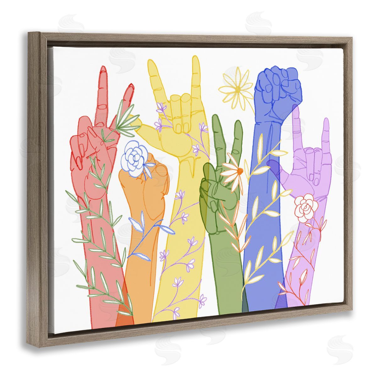 Grace Popp Peace Love Caring Hand Signs ASL Brown Floater Frame Canvas Art