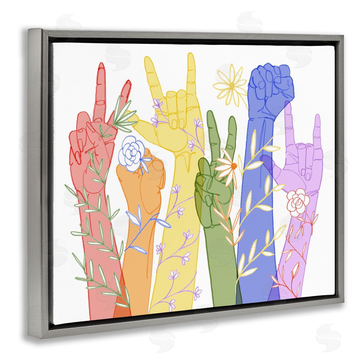 Grace Popp Peace Love Caring Hand Signs ASL Gray Floater Frame Canvas Art