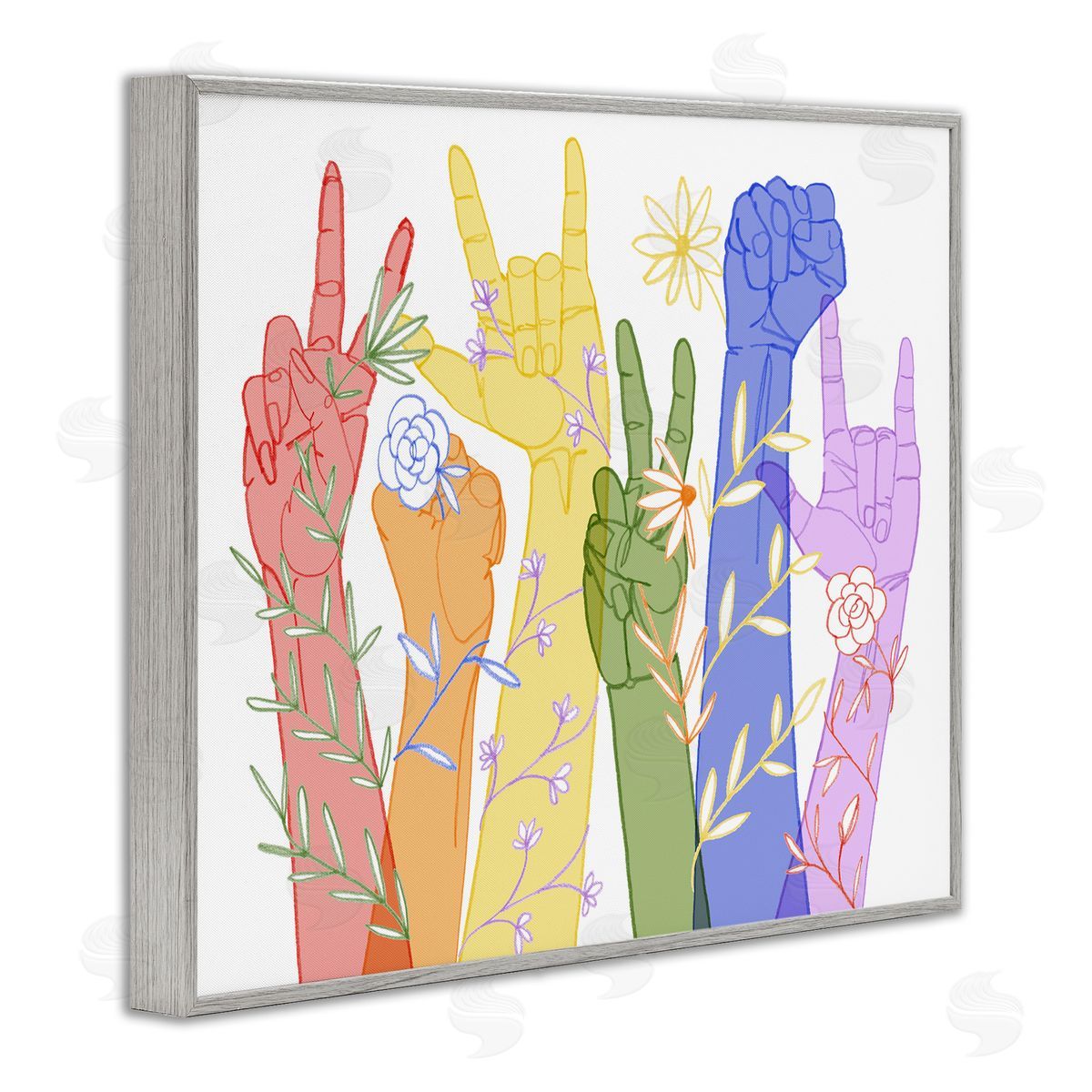 Grace Popp Peace Love Caring Hand Signs ASL Gray Framed Giclee Wall Art