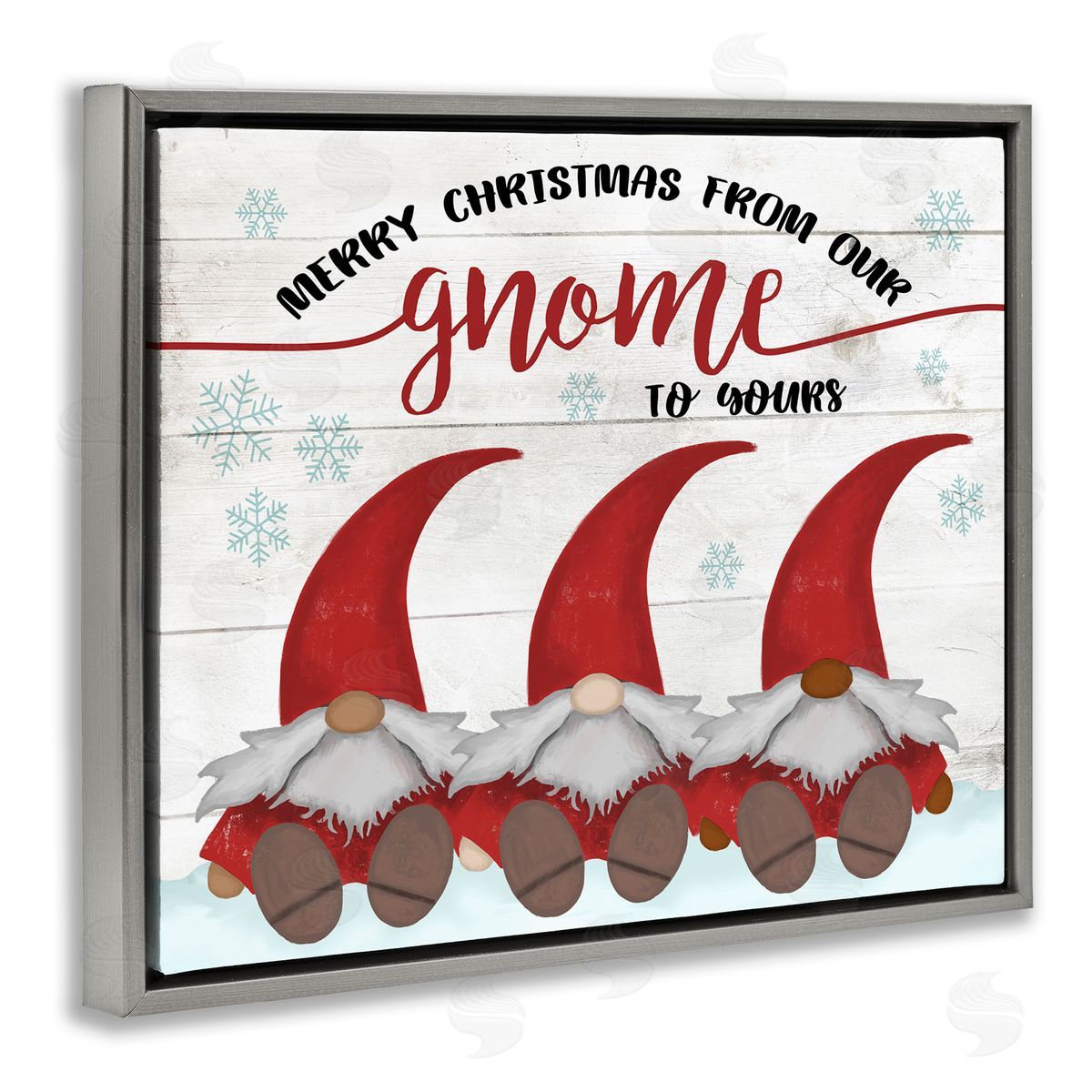 Stupell Studio Merry Christmas Gnome Home Pun Snowflakes Gray Floater Frame Canvas Art