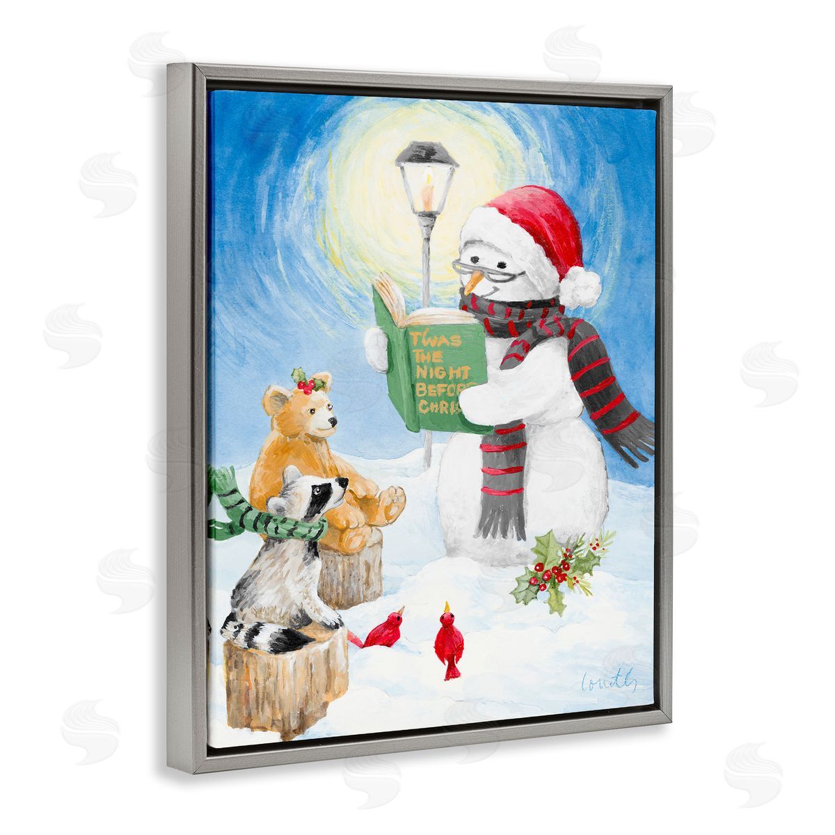 Lanie Loreth Christmas Snowman Reading Winter Holiday Animals Gray Floater Frame Canvas Art