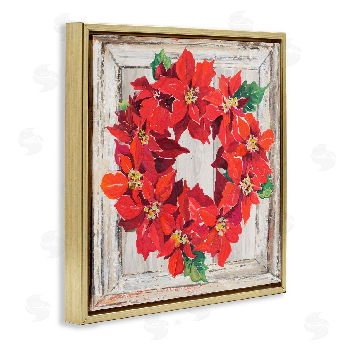 Patricia Pinto Charming Winter Poinsettia Wreath  Gold Floater Frame Canvas Art