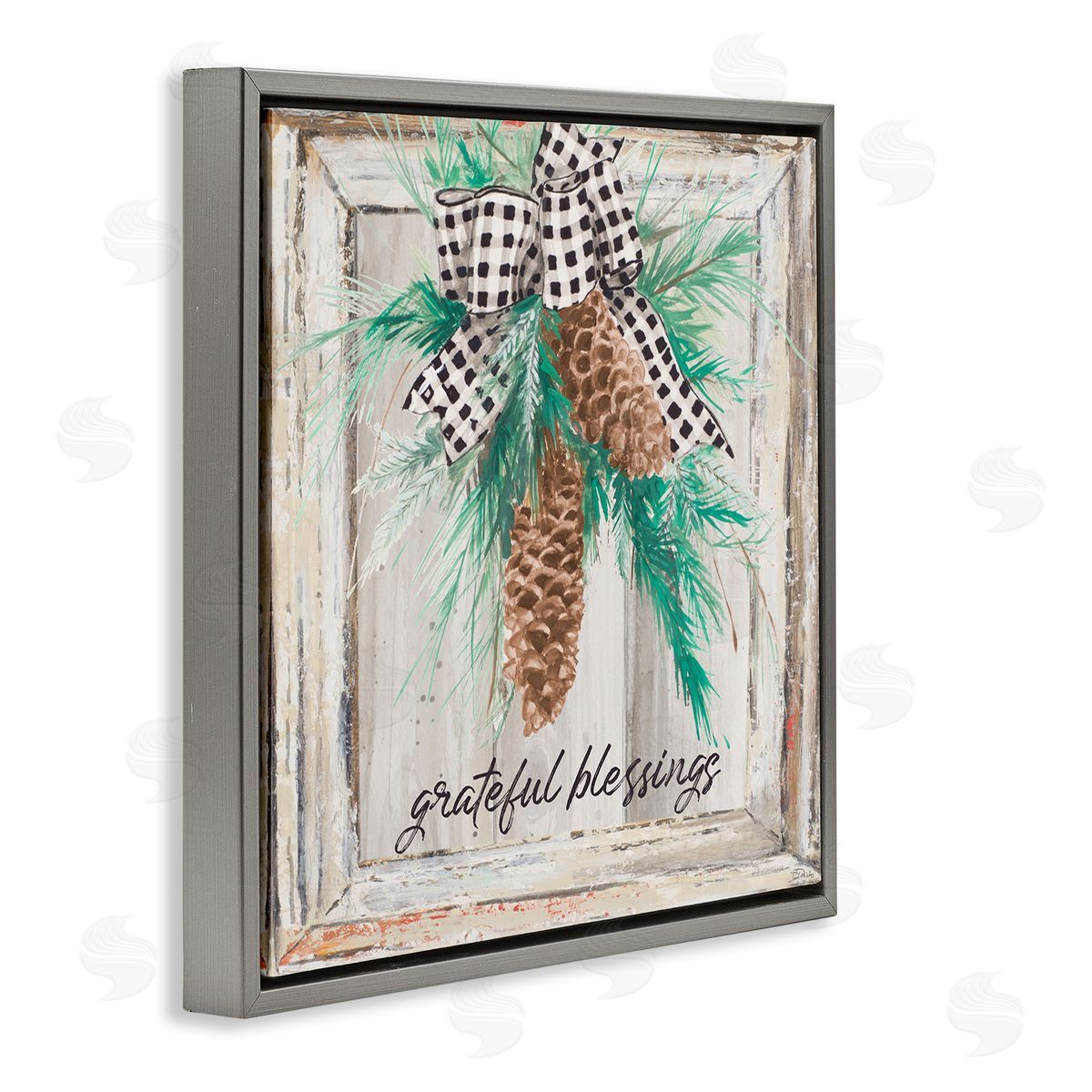 Patricia Pinto Grateful Blessing Winter Pinecone  Gray Floater Frame Canvas Art
