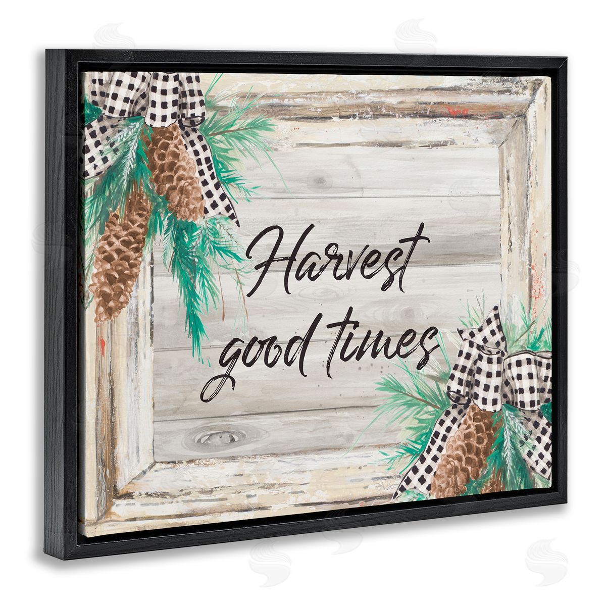 Patricia Pinto Harvest Good Times Rustic Pinecone Accents Black Floater Frame Canvas Art