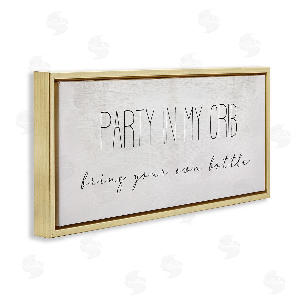 Stupell Studio Party in Crib Quote BYOB Baby Bottle Humor Gold Floater Frame Canvas Art