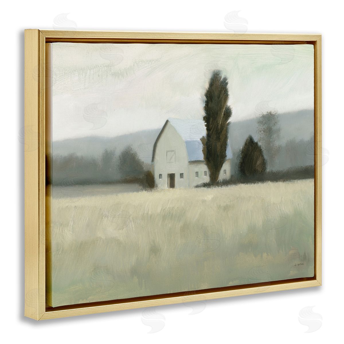 James Wiens Farmside Landscape White Barn Green Meadow Gold Floater Frame Canvas Art