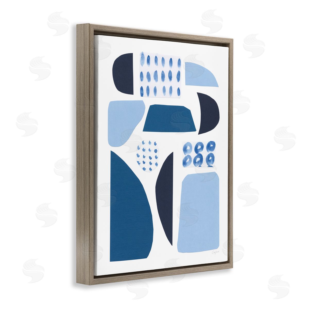 Courtney Prahl Shades of Blue Abstract Shapes Collage Design Brown Floater Frame Canvas Art