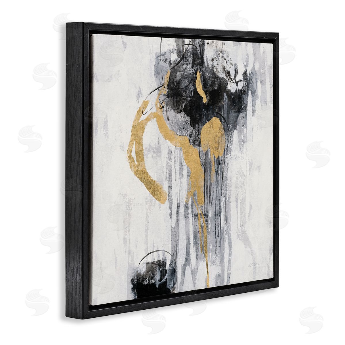 Silvia Vassileva Abstract Gold Black Rain Modern Distressed Design Black Floater Frame Canvas Art