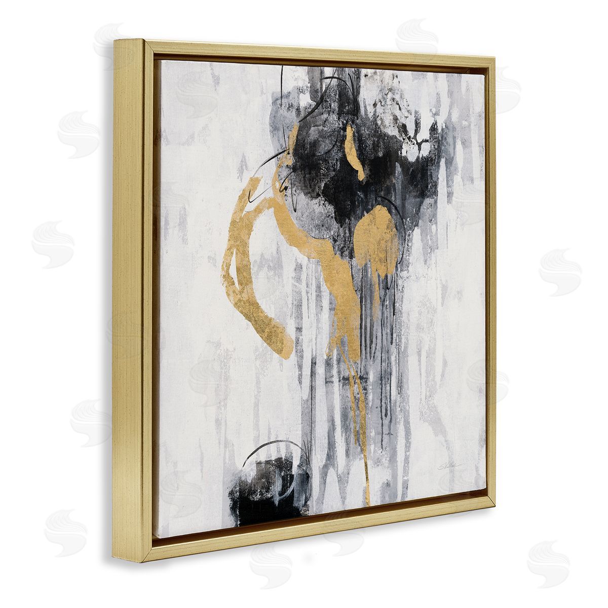 Silvia Vassileva Abstract Gold Black Rain Modern Distressed Design Gold Floater Frame Canvas Art