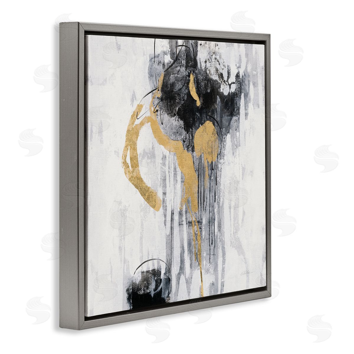 Silvia Vassileva Abstract Gold Black Rain Modern Distressed Design Gray Floater Frame Canvas Art
