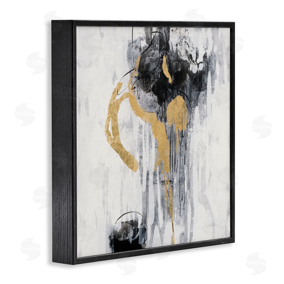 Silvia Vassileva Abstract Gold Black Rain Modern Distressed Design Black Framed Giclee Wall Art