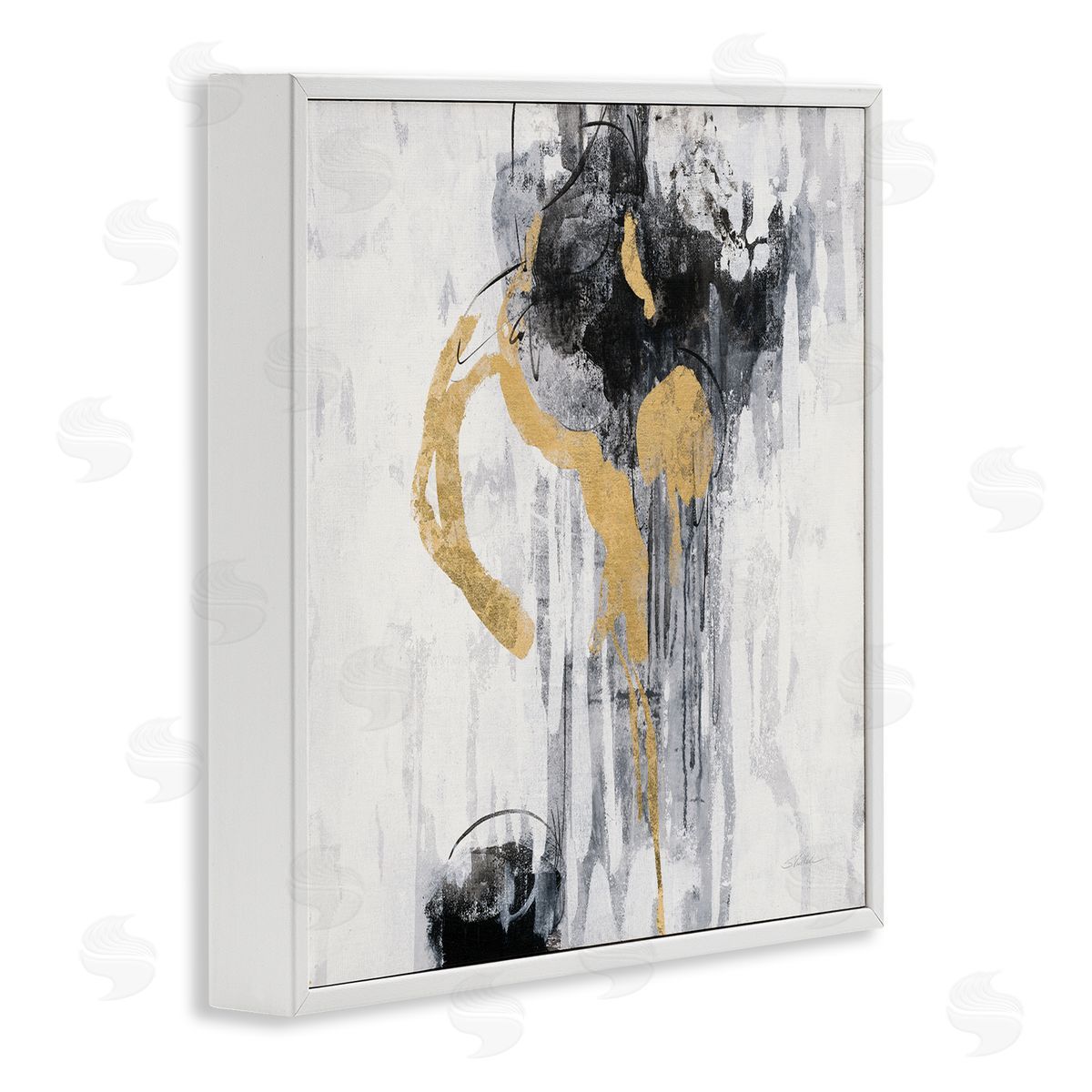 Silvia Vassileva Abstract Gold Black Rain Modern Distressed Design White Framed Giclee Wall Art