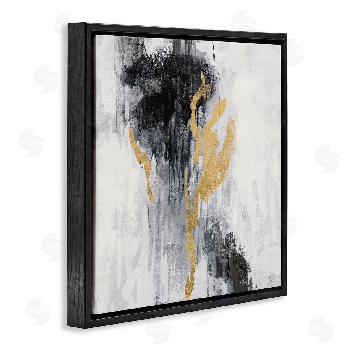 Silvia Vassileva Modern Rain Abstraction Black Gold Distressed Detail Black Floater Frame Canvas Art