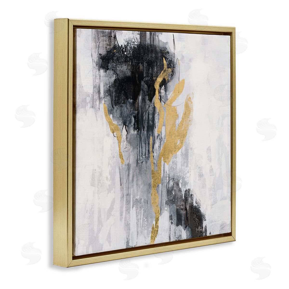 Silvia Vassileva Modern Rain Abstraction Black Gold Distressed Detail Gold Floater Frame Canvas Art