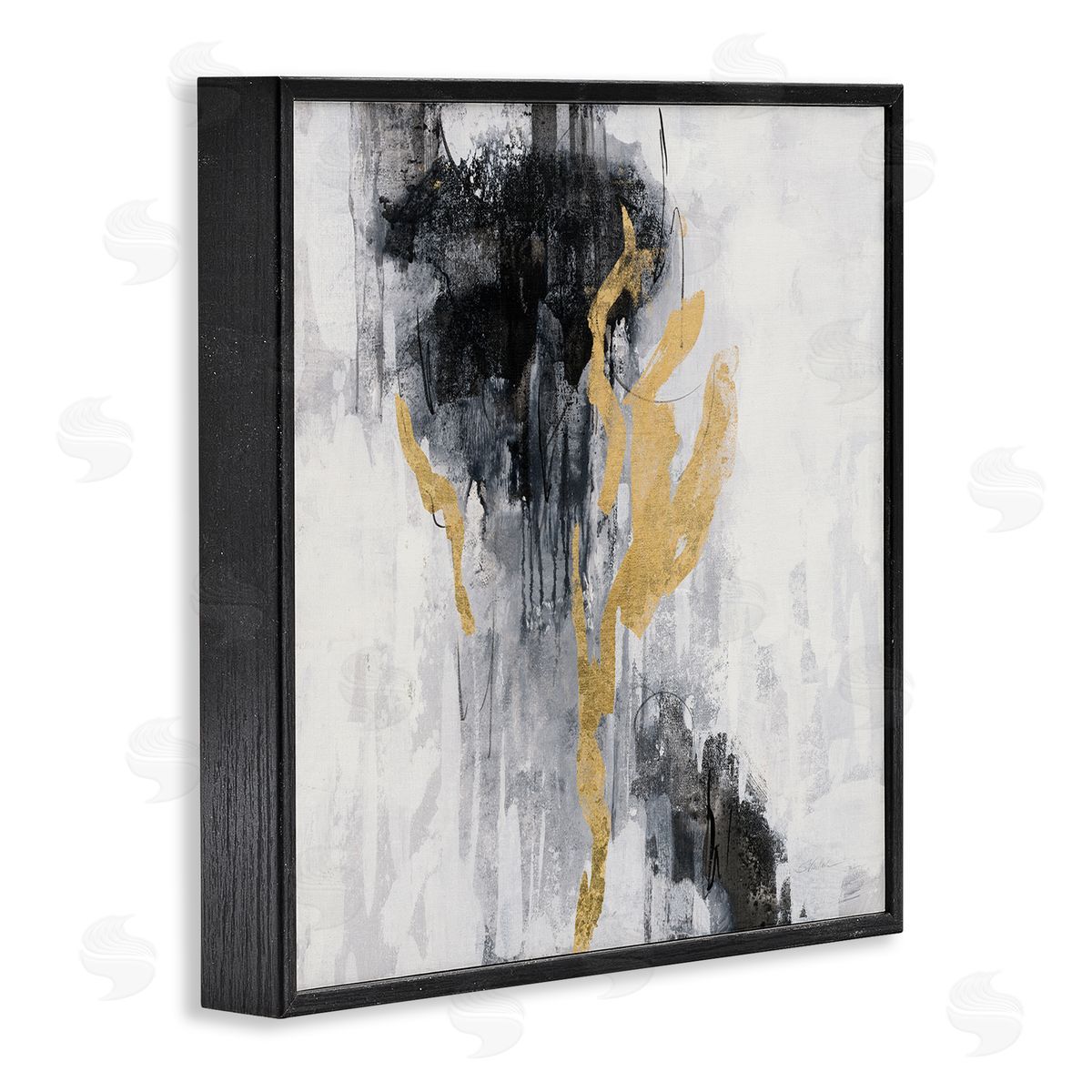 Silvia Vassileva Modern Rain Abstraction Black Gold Distressed Detail Black Framed Giclee Wall Art