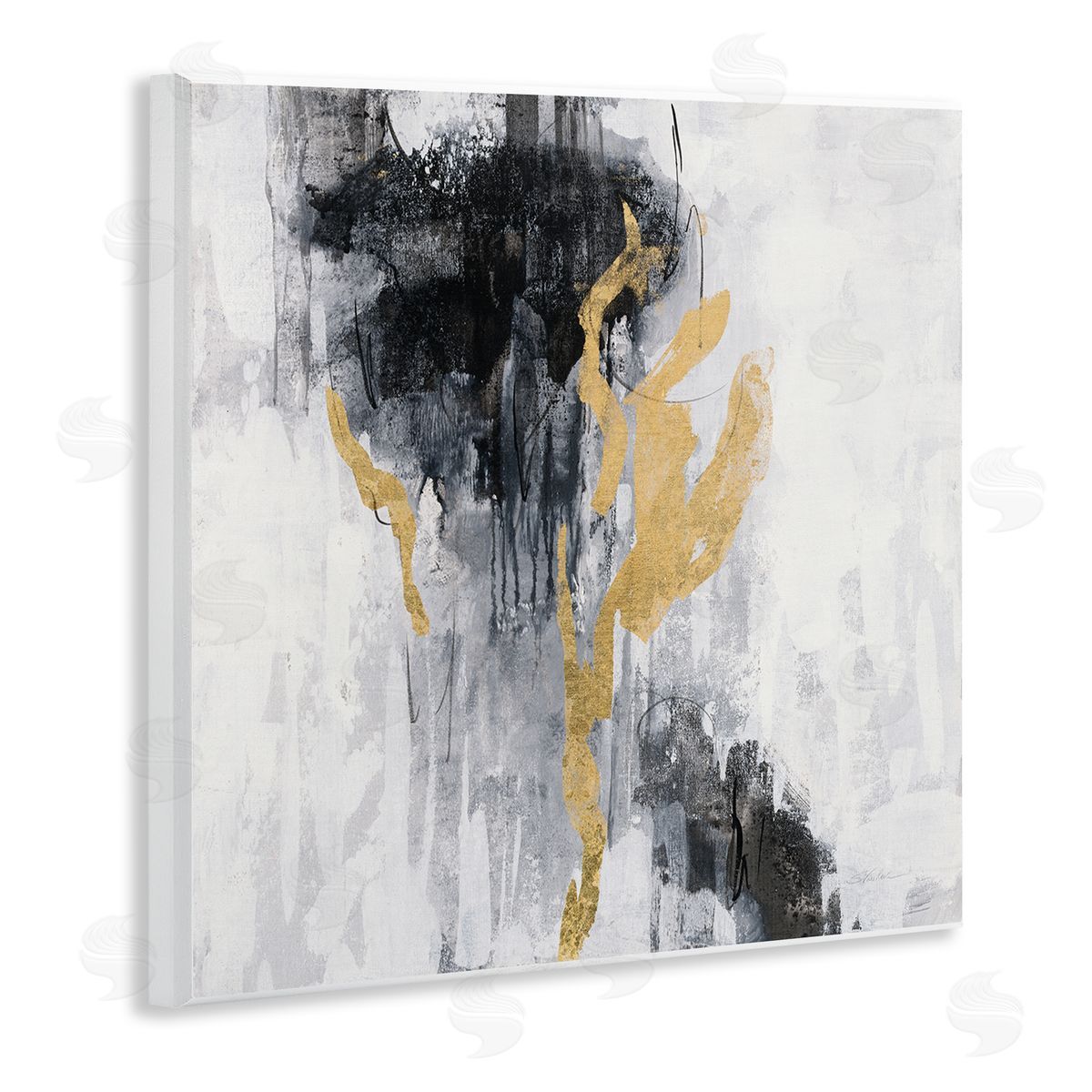 Silvia Vassileva Modern Rain Abstraction Black Gold Distressed Detail Wall Plaque Art