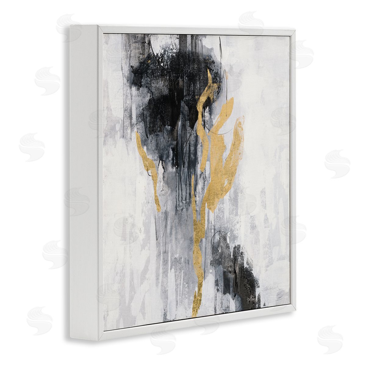 Silvia Vassileva Modern Rain Abstraction Black Gold Distressed Detail White Framed Giclee Wall Art