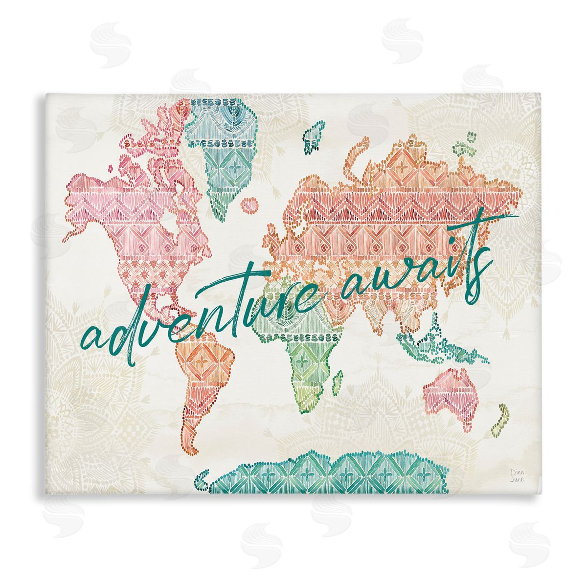 Dina June Adventure Awaits Phrase Macrame Pattern World Map Canvas Wall Art