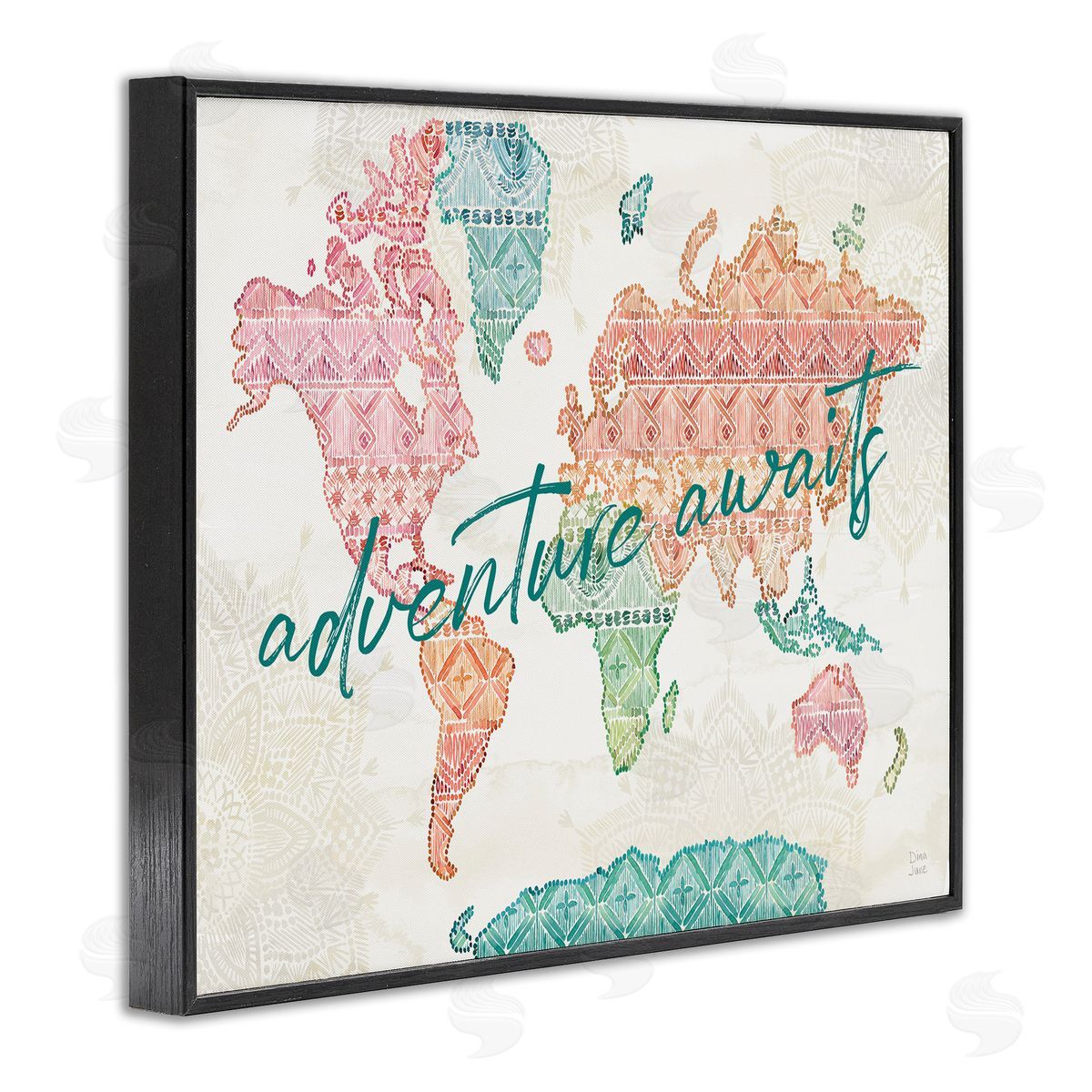 Dina June Adventure Awaits Phrase Macrame Pattern World Map Black Framed Giclee Wall Art