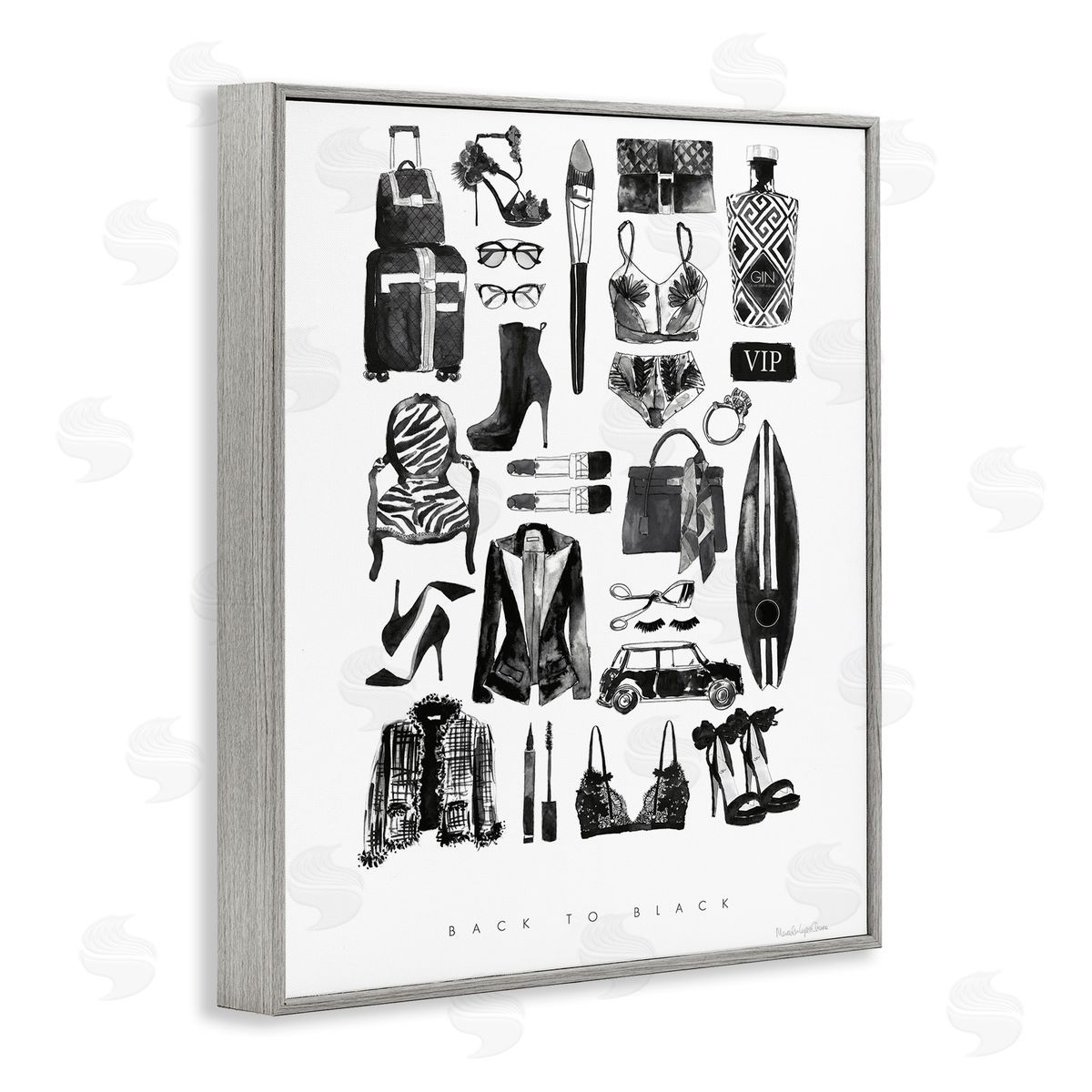 Mercedes Lopez Charro Back to Black Quote Glam Fashion Mood Board Gray Framed Giclee Wall Art