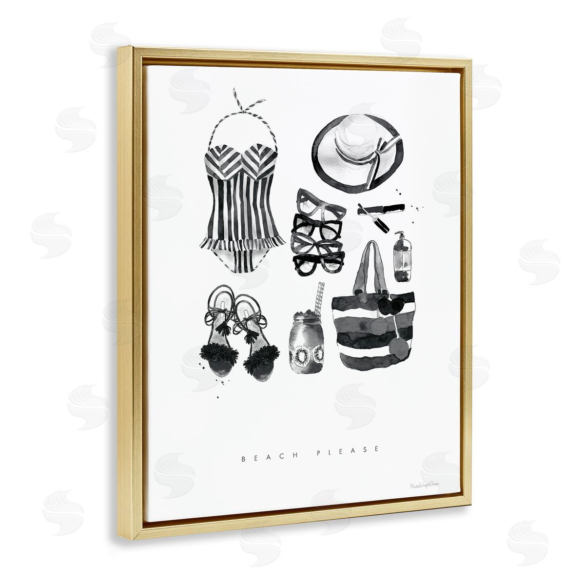 Mercedes Lopez Charro Beach Please Phrase Black White Female Fashion Gold Floater Frame Canvas Art