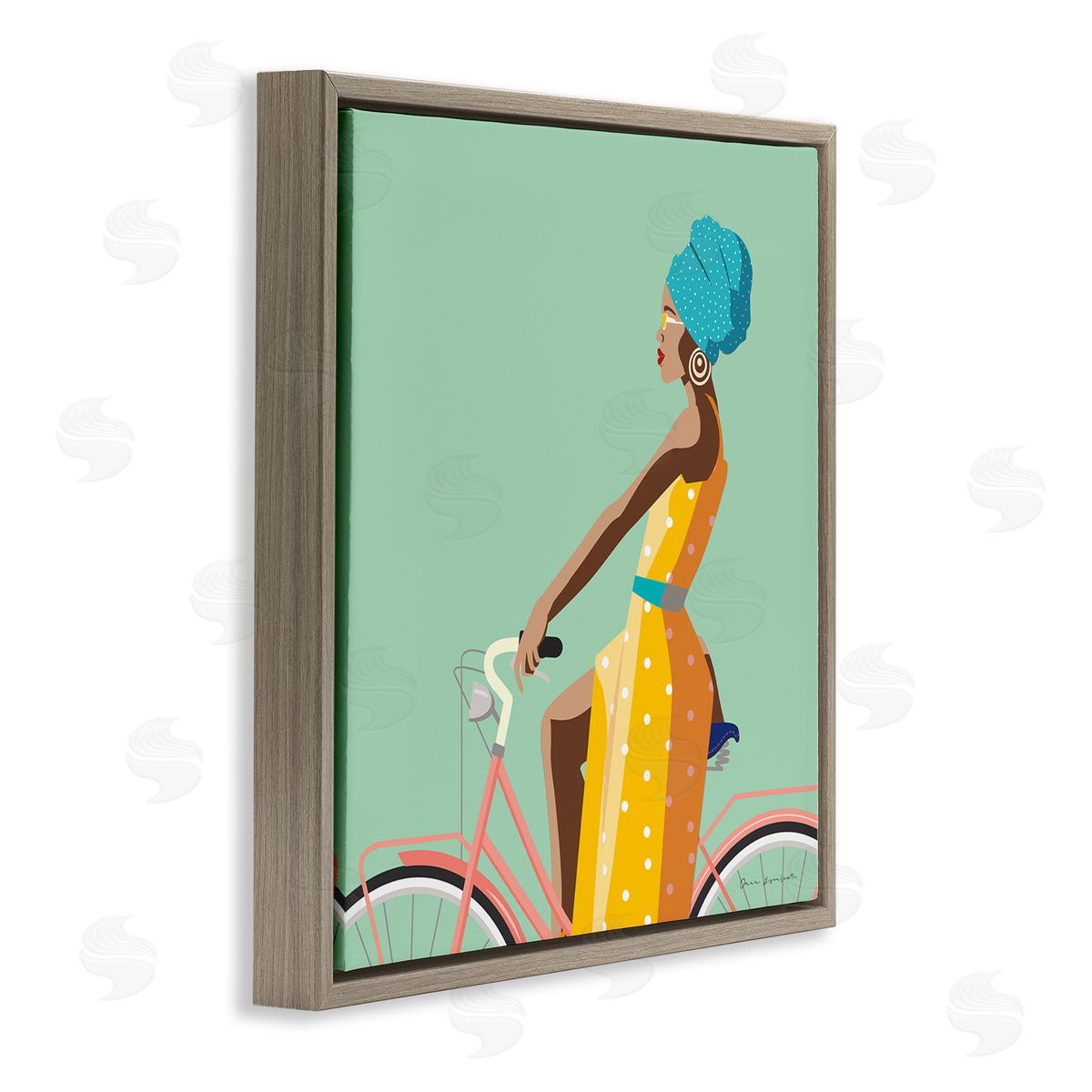 Omar Escalante Summer Girl on Pink Bicycle Glam Female Fashion Brown Floater Frame Canvas Art
