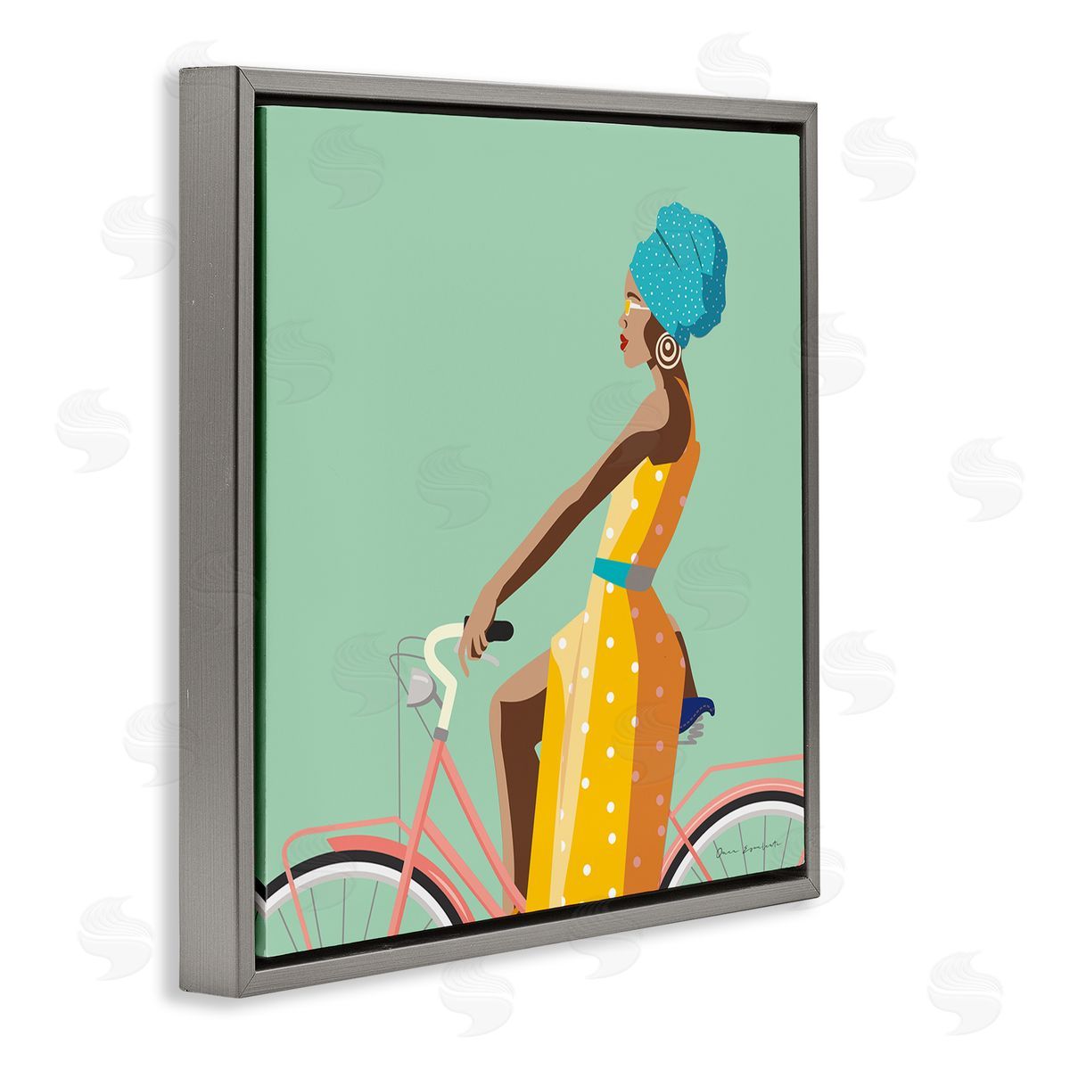 Omar Escalante Summer Girl on Pink Bicycle Glam Female Fashion Gray Floater Frame Canvas Art