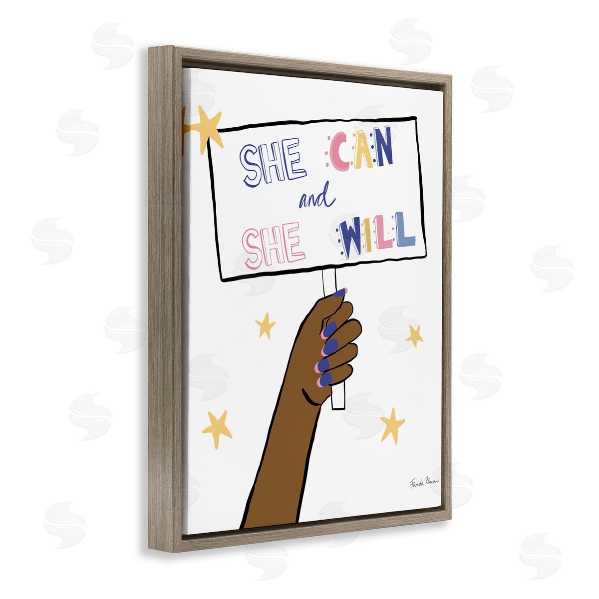 Farida Zaman She Can and Will Phrase Hand Holding Sign Brown Floater Frame Canvas Art