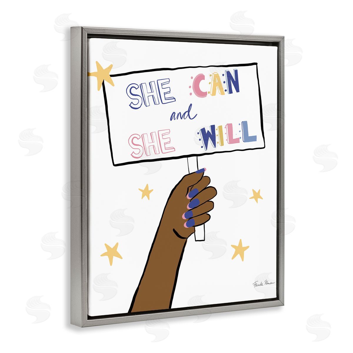 Farida Zaman She Can and Will Phrase Hand Holding Sign Gray Floater Frame Canvas Art