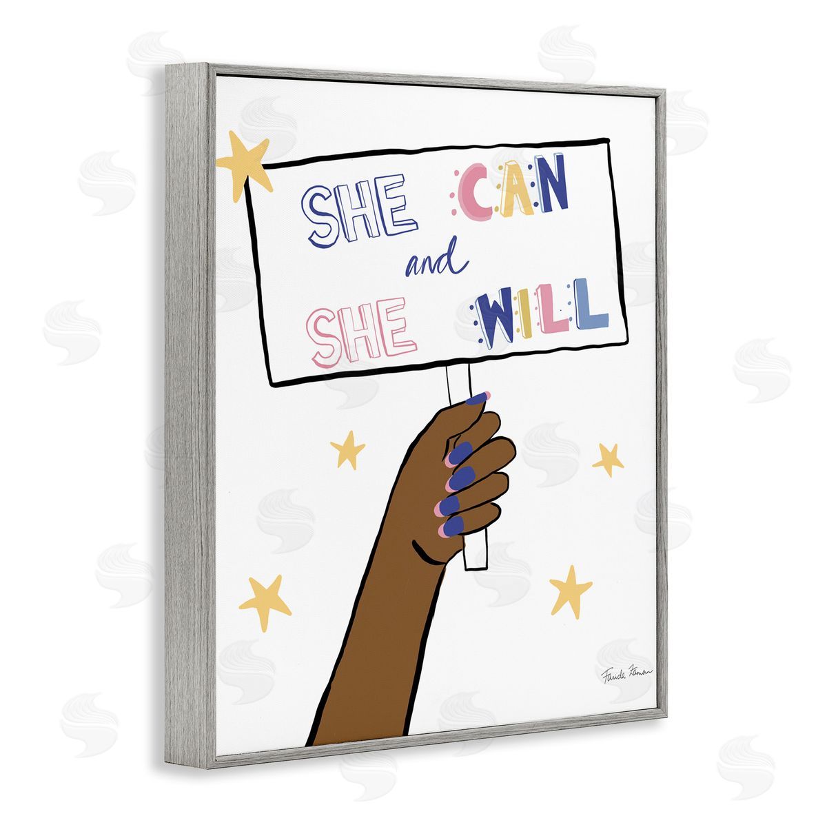 Farida Zaman She Can and Will Phrase Hand Holding Sign Gray Framed Giclee Wall Art