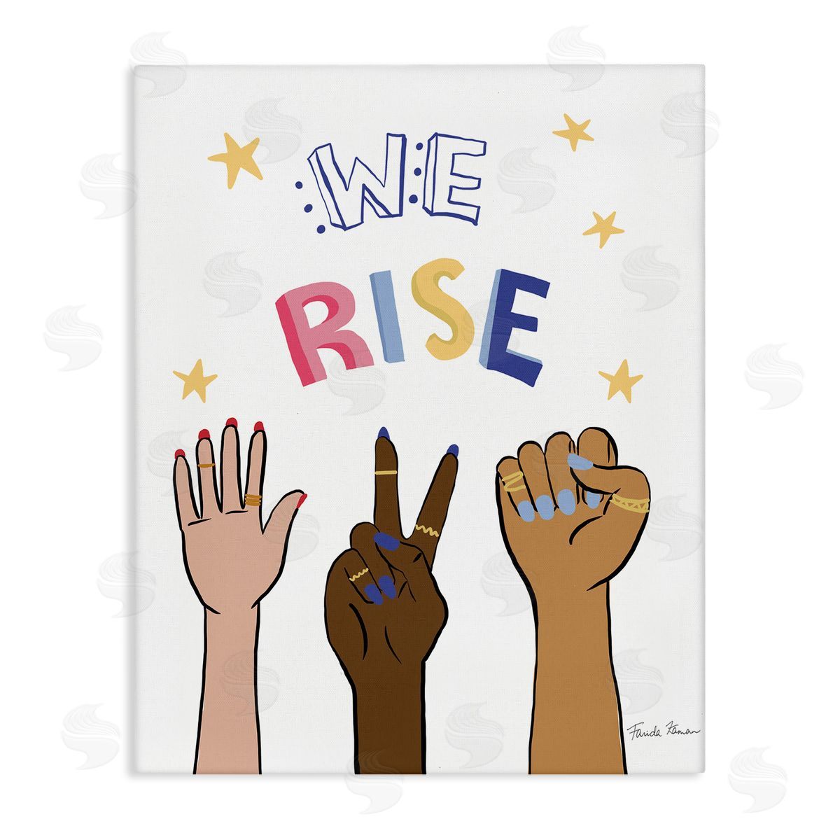 Farida Zaman We Rise Phrase Playful Text Female Hands Raised Canvas Wall Art