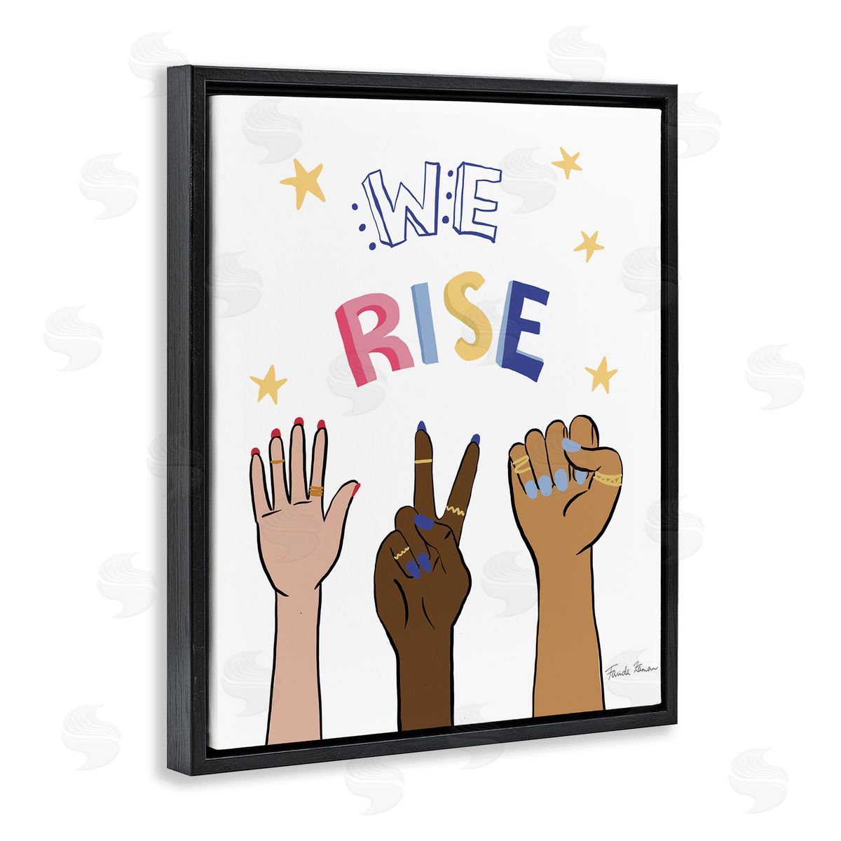 Farida Zaman We Rise Phrase Playful Text Female Hands Raised Black Floater Frame Canvas Art