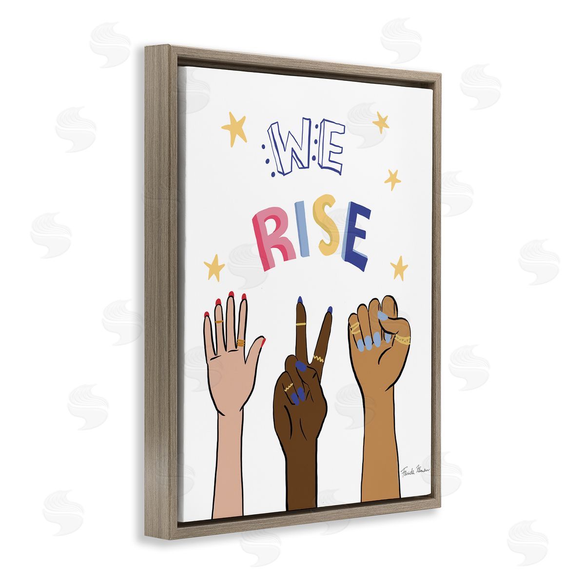 Farida Zaman We Rise Phrase Playful Text Female Hands Raised Brown Floater Frame Canvas Art