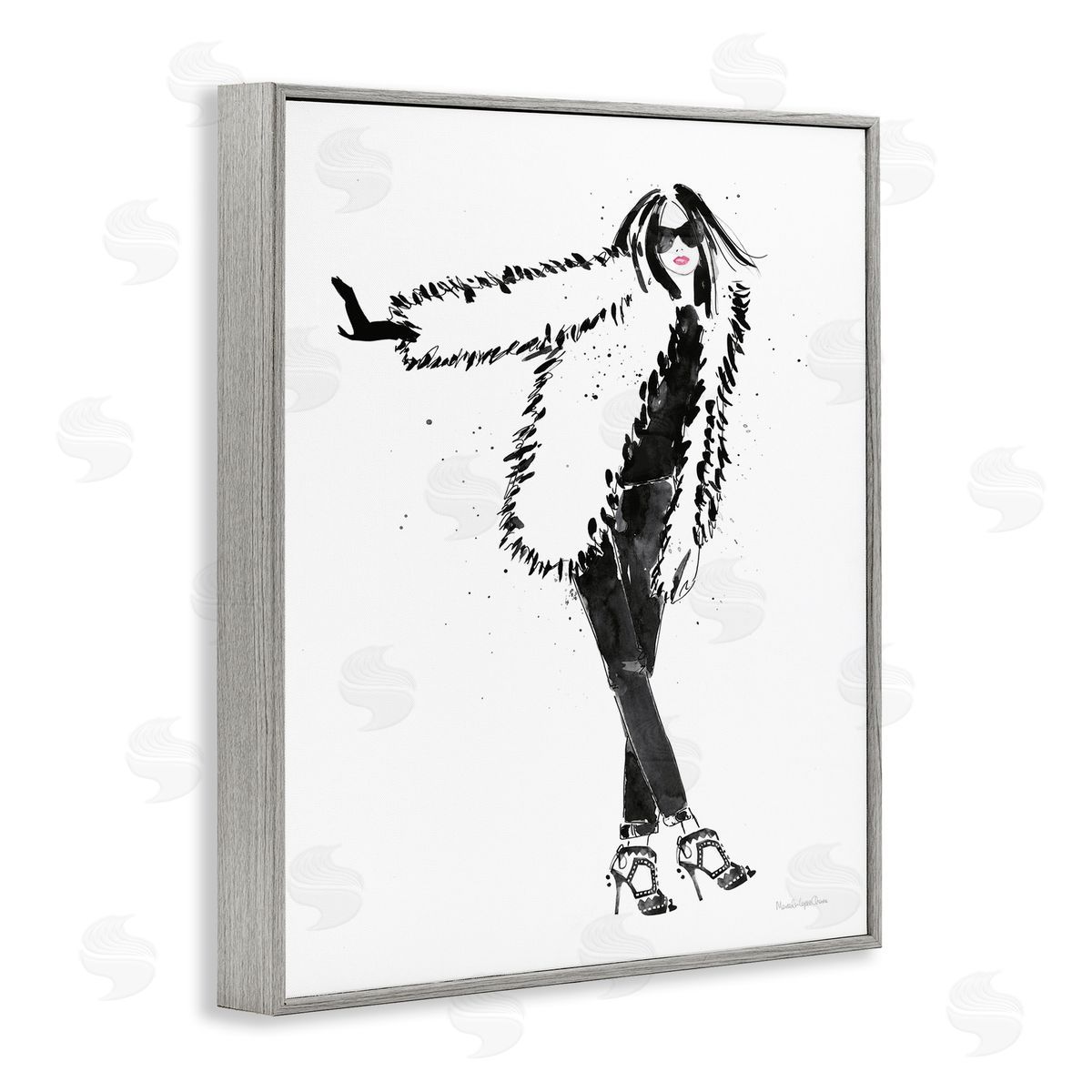 Mercedes Lopez Charro Luxurious Fashionista Sassy Glam Pose Fur Coat Gray Framed Giclee Wall Art