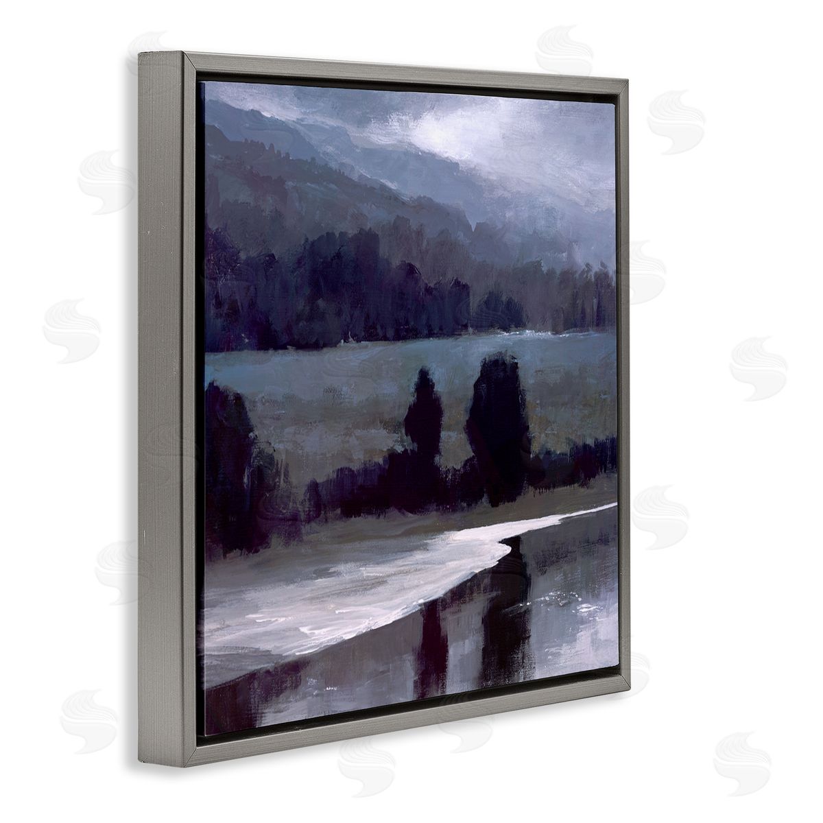 Sheila Finch Stormy Countryside Lake Landscape Dark Blue Green Gray Floater Frame Canvas Art