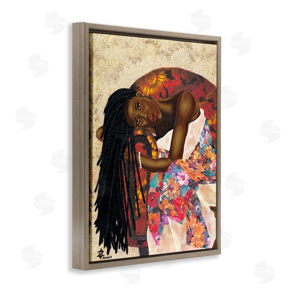 Alonzo Saunders Female with Tropical Print Dress Glam Fashion Brown Floater Frame Canvas Art