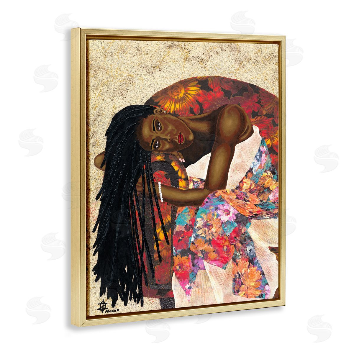 Alonzo Saunders Female with Tropical Print Dress Glam Fashion Gold Floater Frame Canvas Art